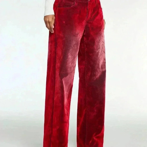 Red Casual Women's Fleeced Thick Loose High Waist Wide Leg Jeans - Picture 6 of 6